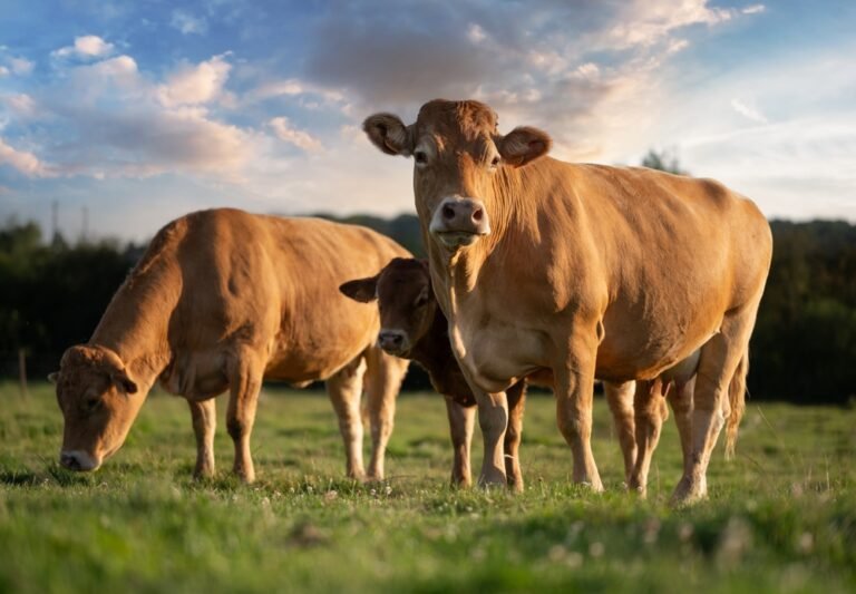 Two,Charolais,Breed,Cows,And,A,Calf,In,A,Grass